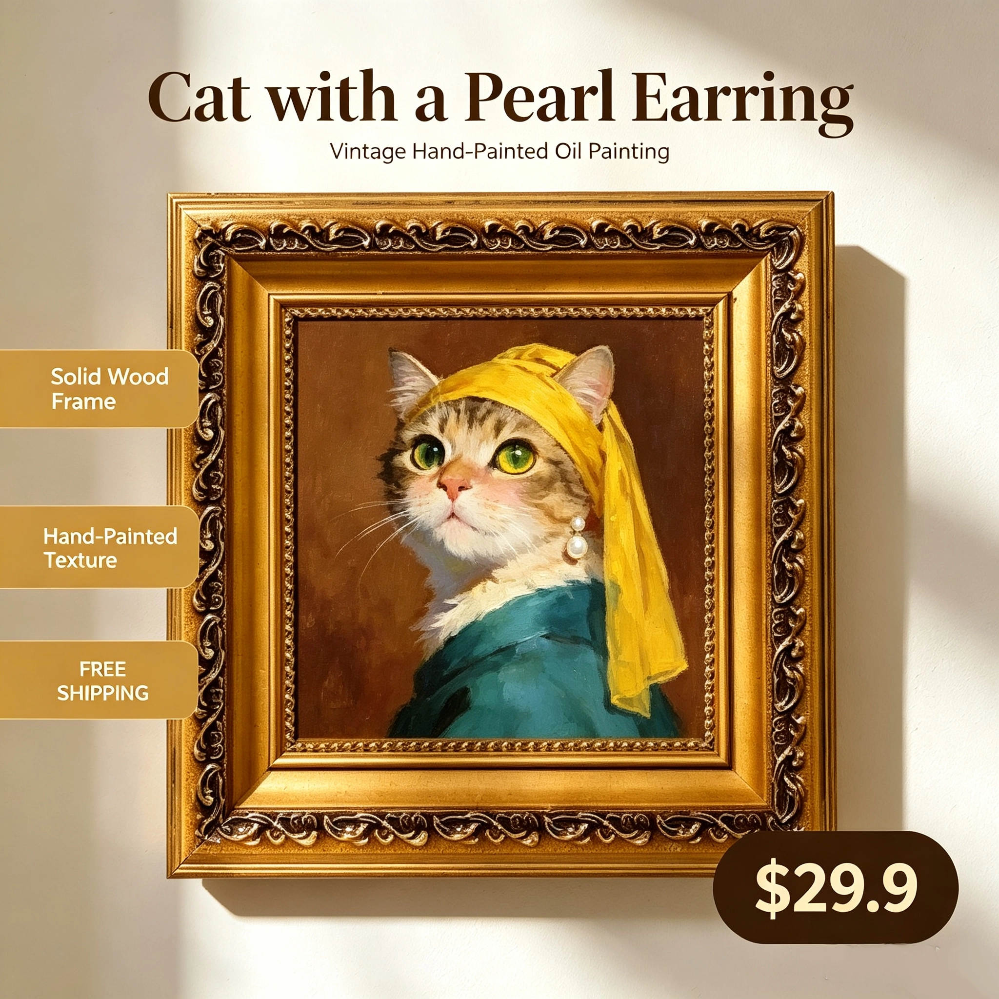 Framed Cat with a Pearl Earring Oil Painting, Small Famous Art Parody, Cute Cat Wall Art for Gallery Wall