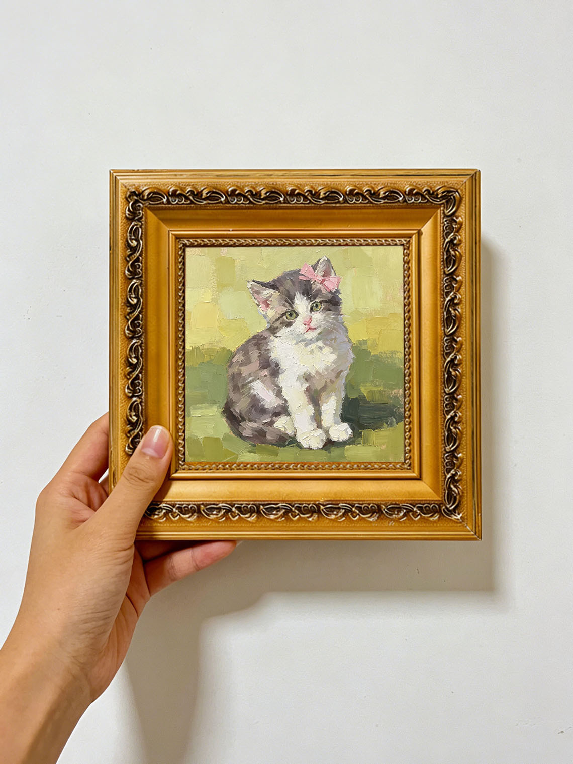 Adorable Fluffy Kitten with Pink Bow Pet Portrait custom oil painting from photo, gift for friend, Size 4"×4"