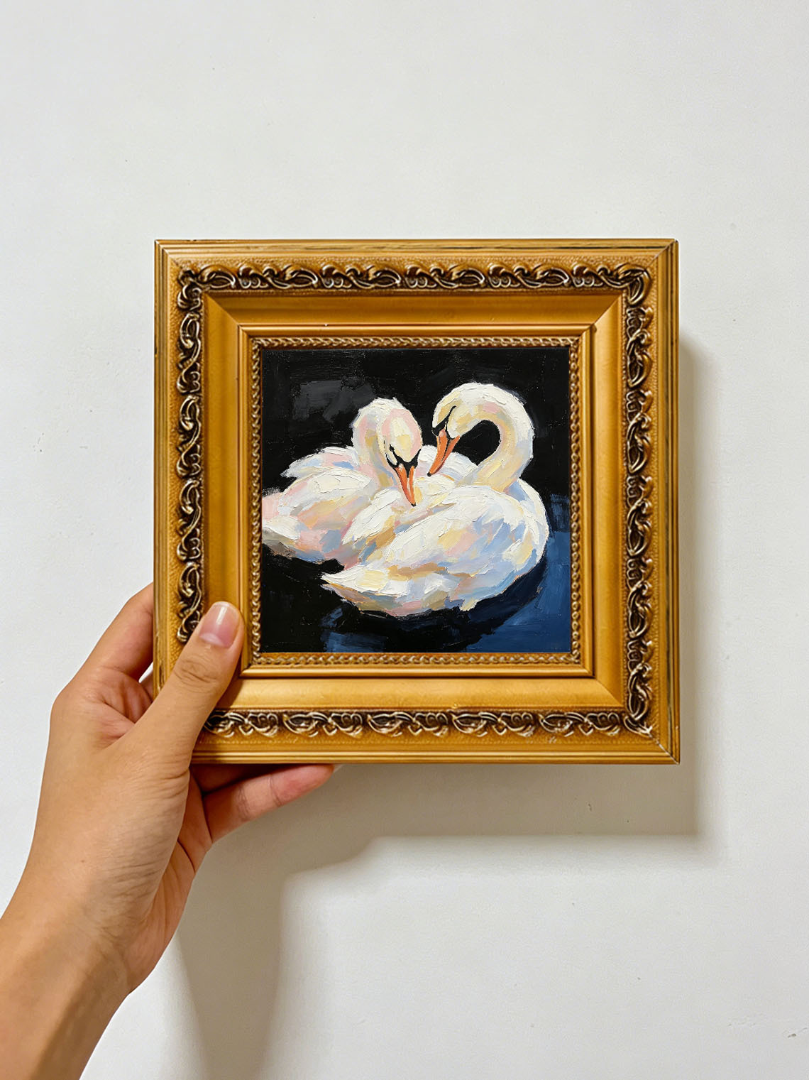 Romantic Pair White Swans Animal Portrait custom oil painting from photo, gift for friend, Size 4"×4"