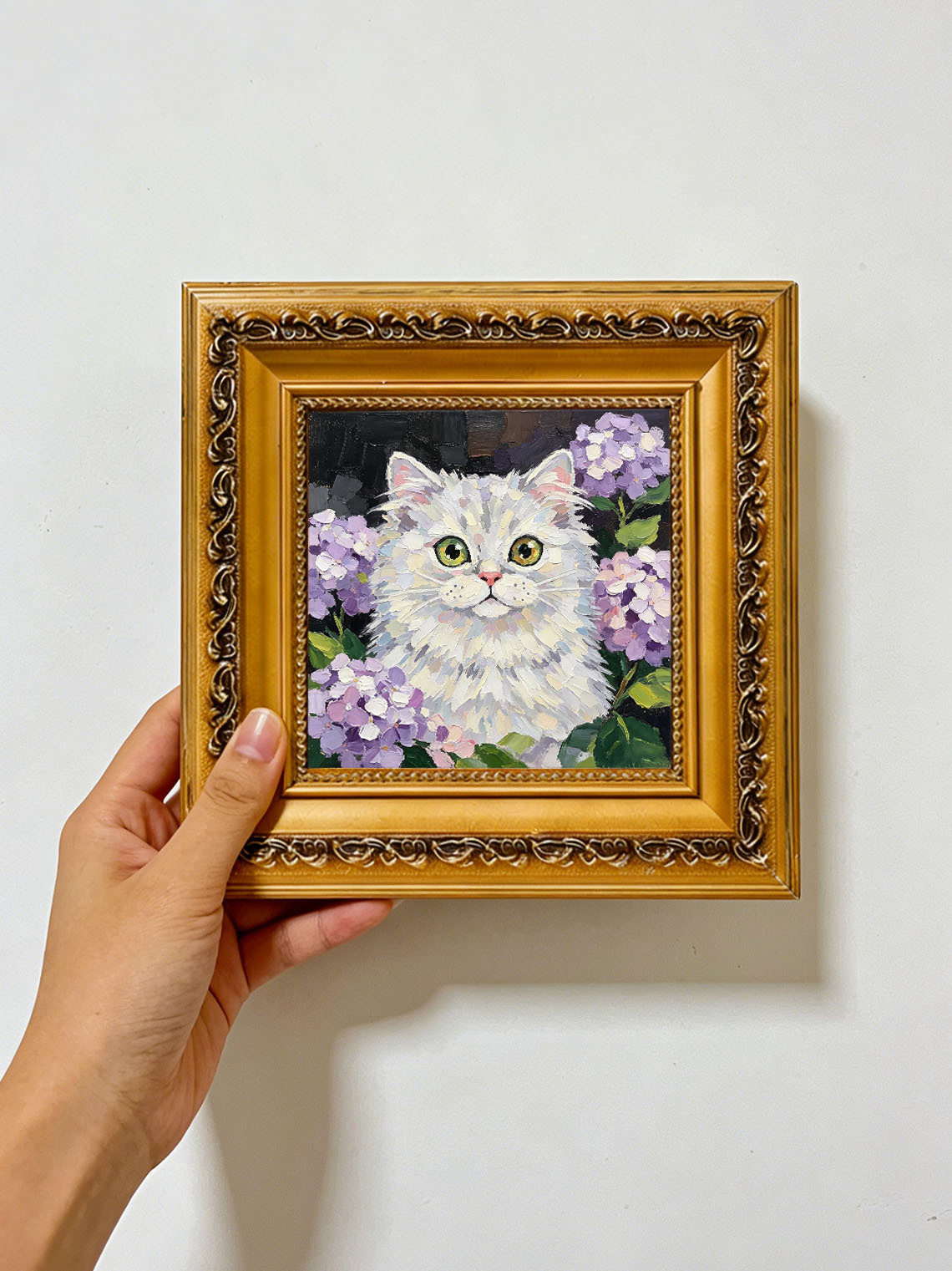 Fluffy White Cat with Hydrangea Portrait custom oil painting from photo, gift for friend, Size 4"×4"