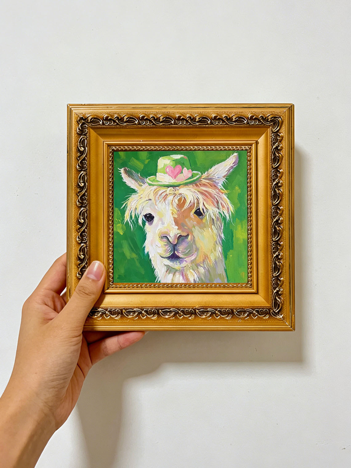 Cute Llama with Lovely Hat Animal Portrait custom oil painting from photo, gift for friend, Size 4"×4"