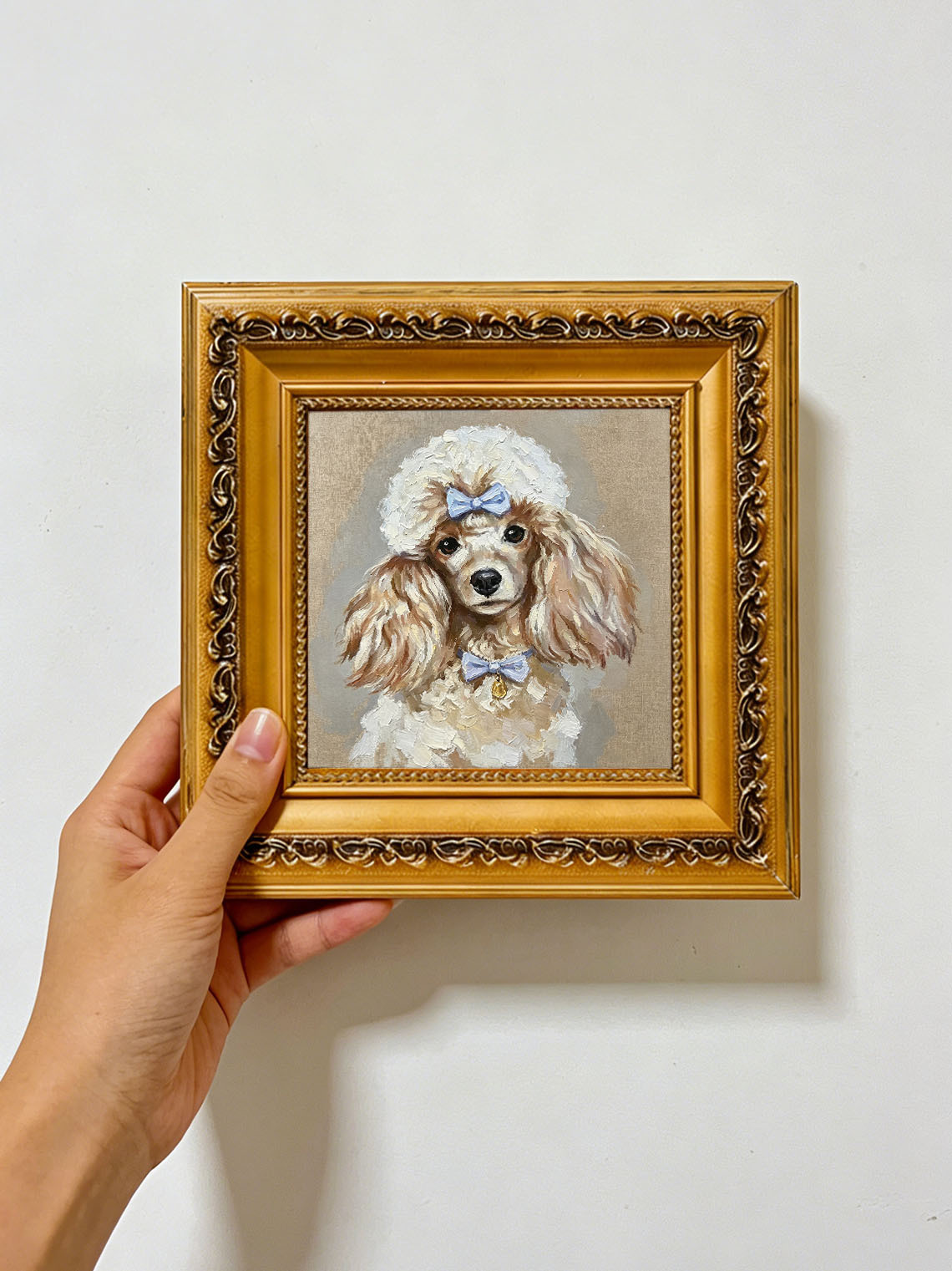 Cute Poodle Dog with Blue Bows Portrait custom oil painting from photo, gift for friend, Size 4"×4"