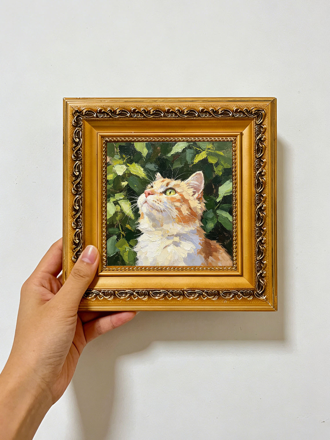 Curious Orange Tabby Cat in Green Foliage Portrait custom oil painting from photo, gift for friend, Size 4"×4"