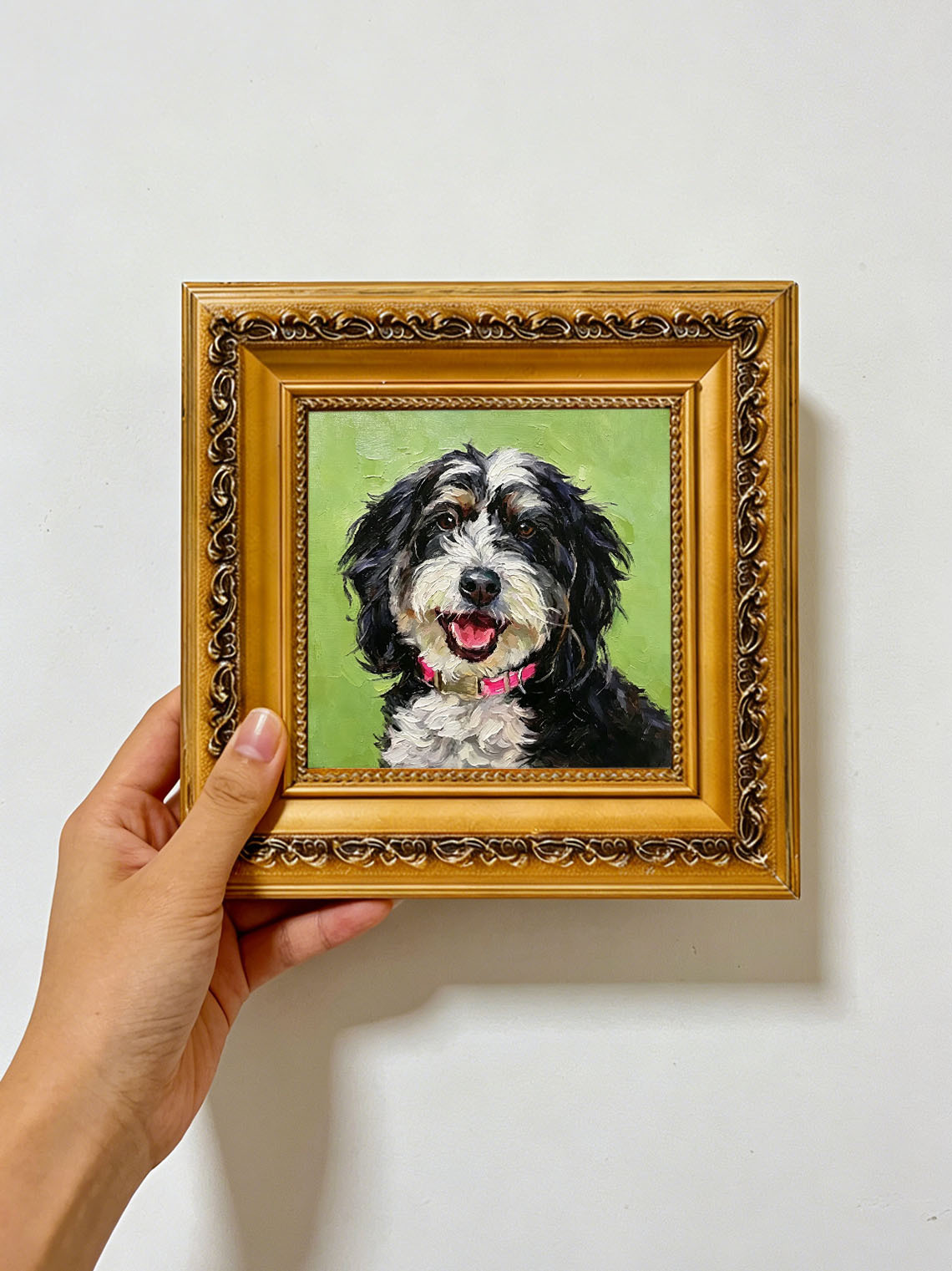 Happy Bernedoodle Dog Portrait custom oil painting from photo, gift for friend, Size 4"×4"