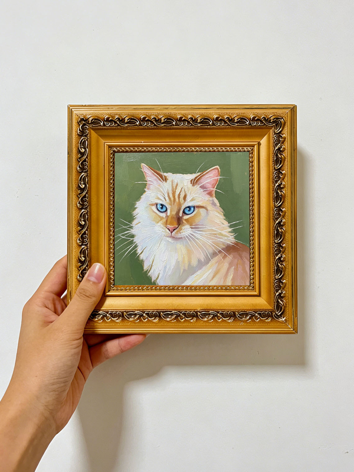 Long‑Haired Cat with Bright Blue Eyes Portrait custom oil painting from photo, gift for friend, Size 4"×4"