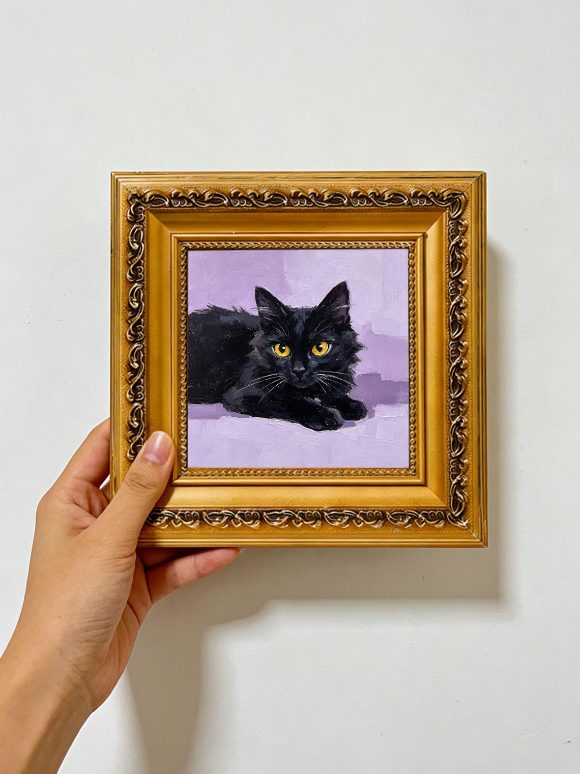 Lying Fluffy Black Cat with Golden Eyes Portrait custom oil painting from photo, gift for friend, Size 4"×4"