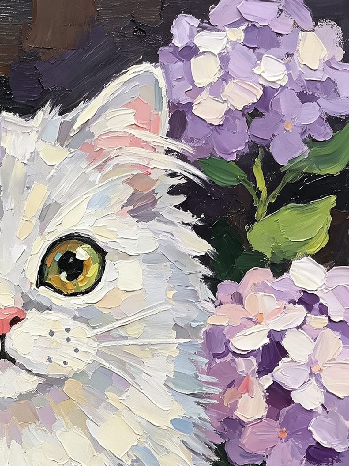 Fluffy White Cat with Hydrangea Portrait custom oil painting from photo, gift for friend, Size 4"×4"