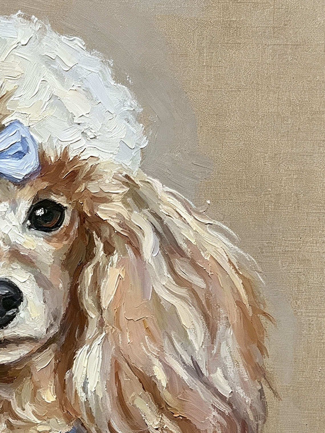 Cute Poodle Dog with Blue Bows Portrait custom oil painting from photo, gift for friend, Size 4"×4"