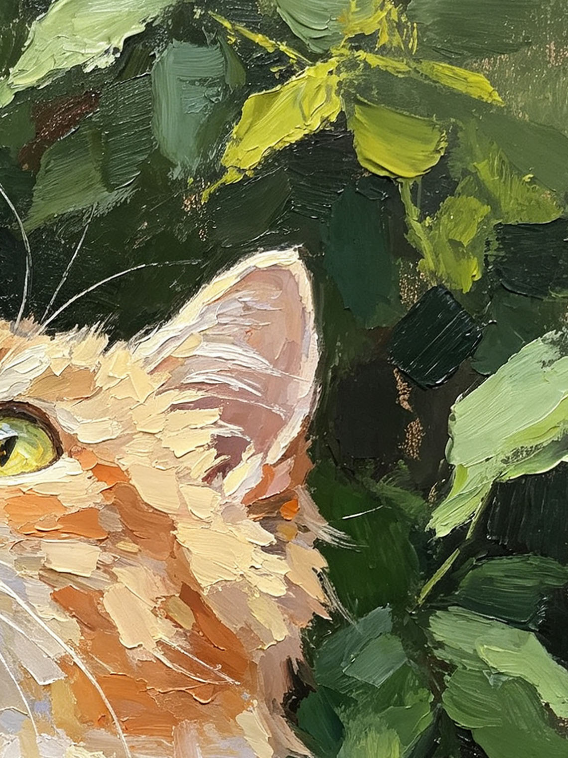 Curious Orange Tabby Cat in Green Foliage Portrait custom oil painting from photo, gift for friend, Size 4"×4"