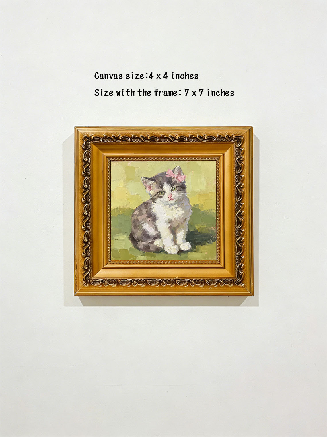 Adorable Fluffy Kitten with Pink Bow Pet Portrait custom oil painting from photo, gift for friend, Size 4"×4"