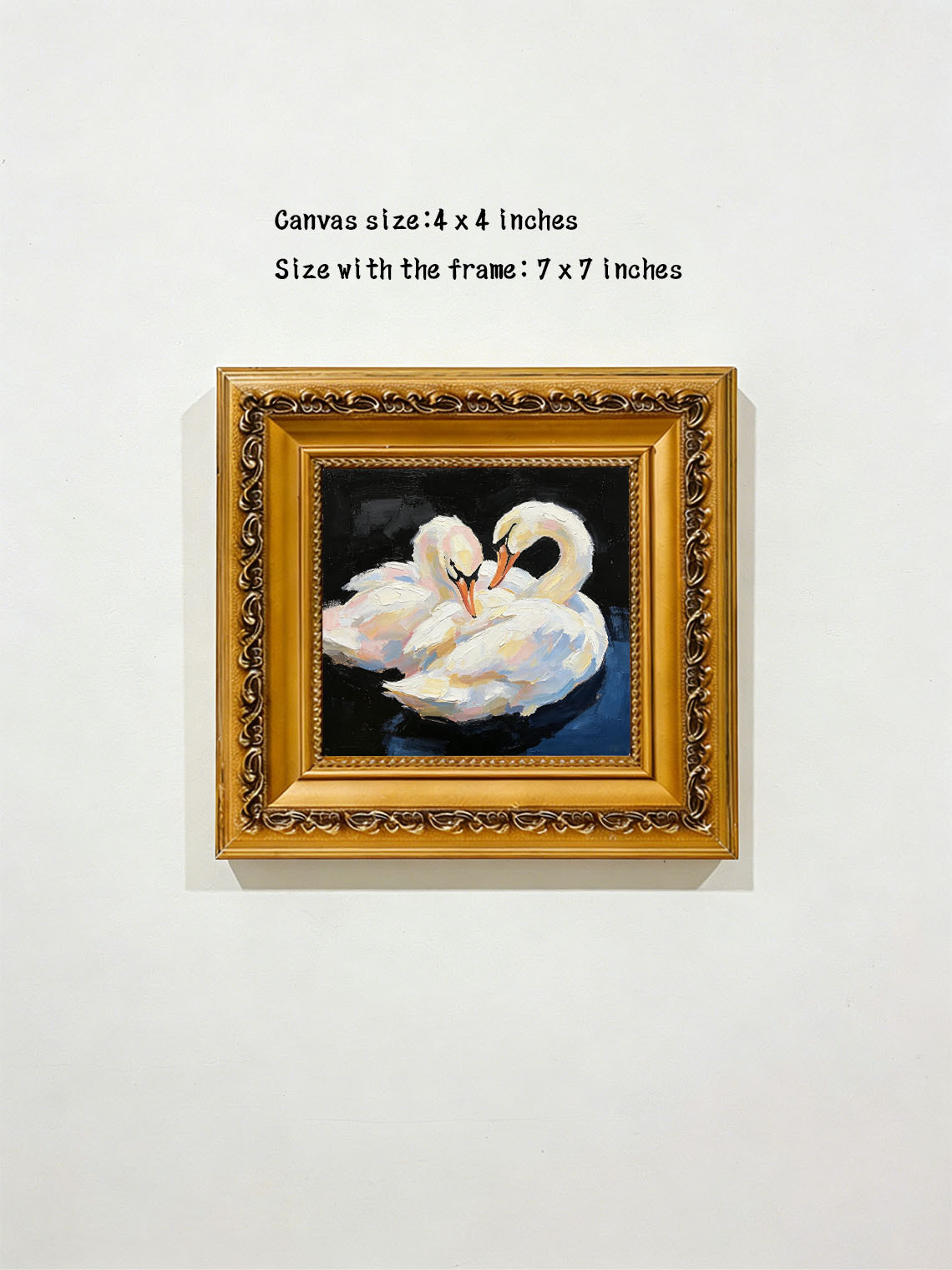 Romantic Pair White Swans Animal Portrait custom oil painting from photo, gift for friend, Size 4"×4"
