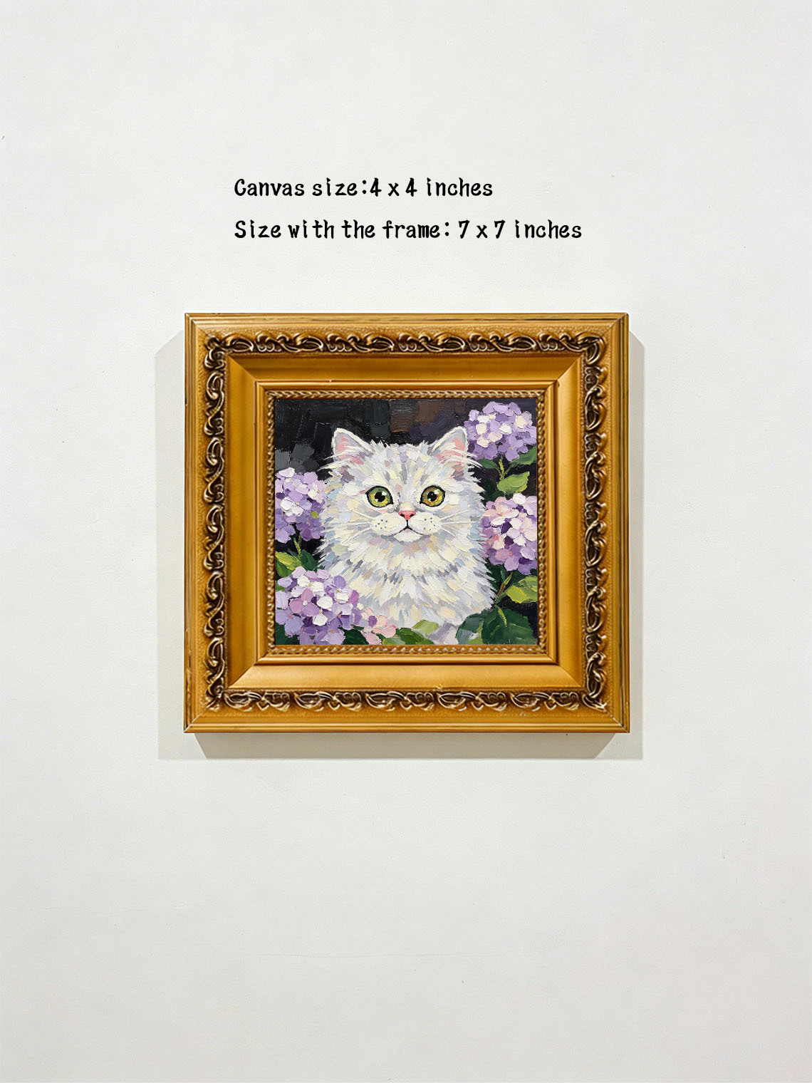 Fluffy White Cat with Hydrangea Portrait custom oil painting from photo, gift for friend, Size 4"×4"