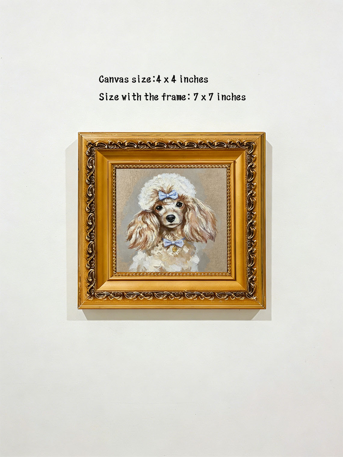 Cute Poodle Dog with Blue Bows Portrait custom oil painting from photo, gift for friend, Size 4"×4"