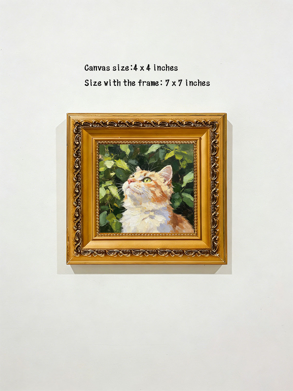Curious Orange Tabby Cat in Green Foliage Portrait custom oil painting from photo, gift for friend, Size 4"×4"