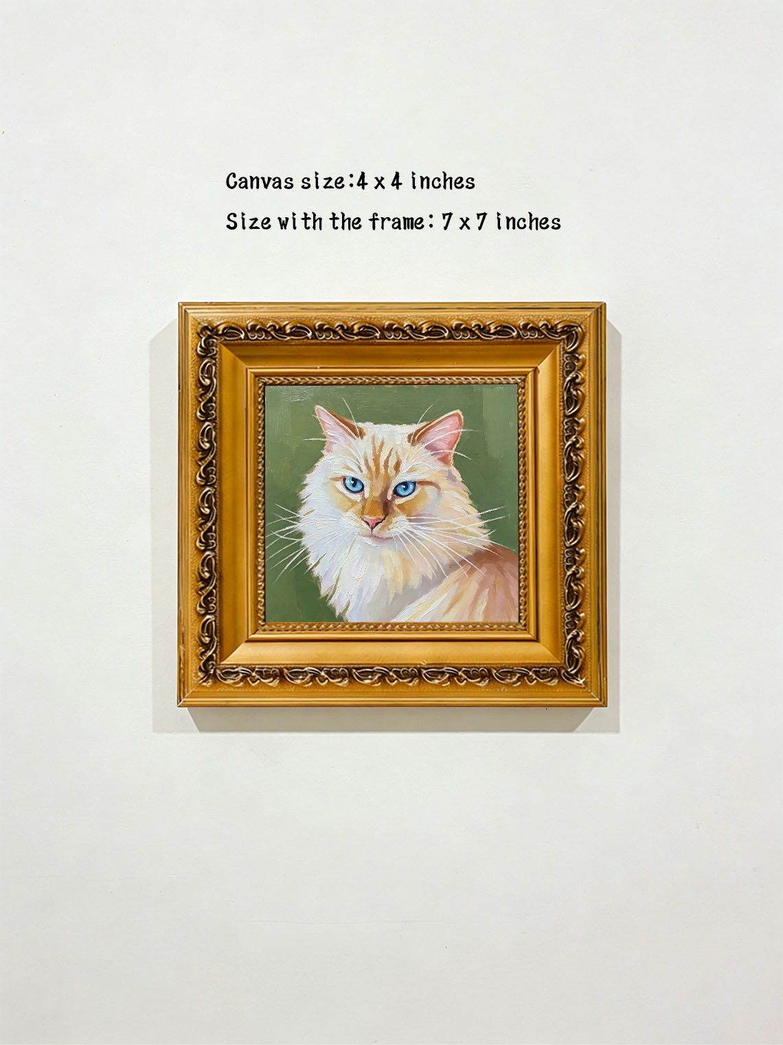 Long‑Haired Cat with Bright Blue Eyes Portrait custom oil painting from photo, gift for friend, Size 4"×4"