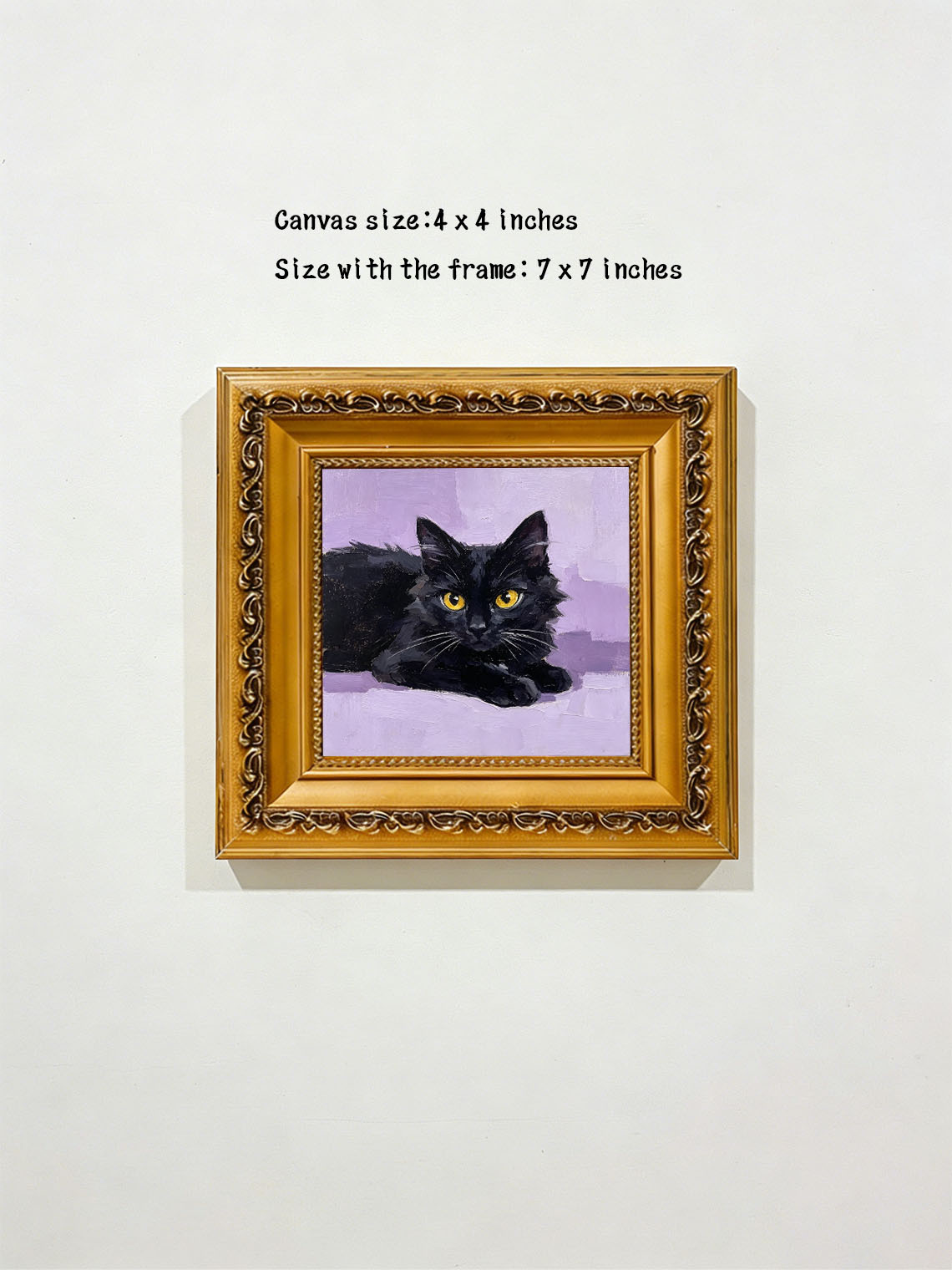 Lying Fluffy Black Cat with Golden Eyes Portrait custom oil painting from photo, gift for friend, Size 4"×4"