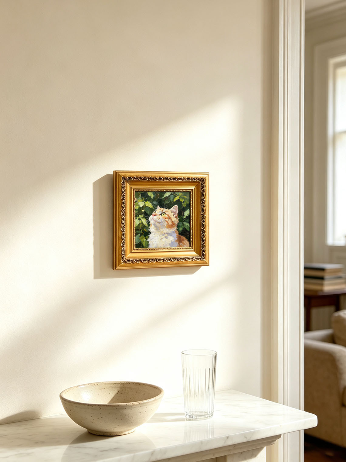 Curious Orange Tabby Cat in Green Foliage Portrait custom oil painting from photo, gift for friend, Size 4"×4"