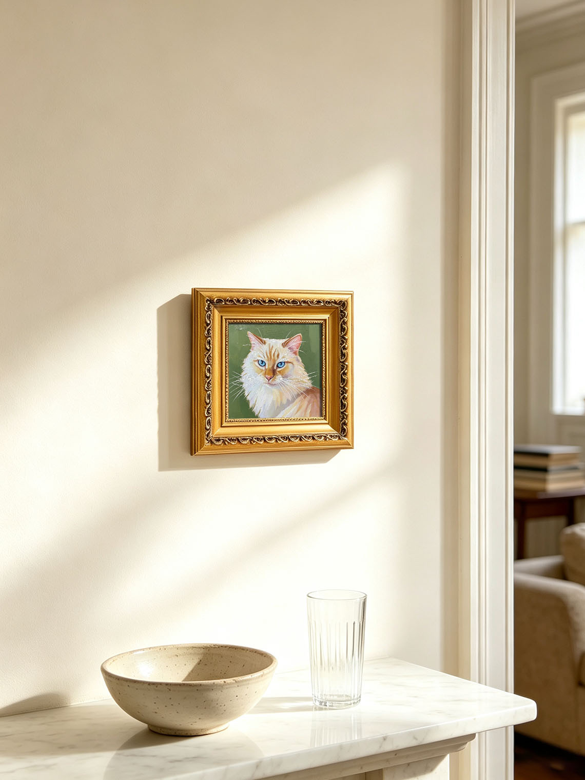 Long‑Haired Cat with Bright Blue Eyes Portrait custom oil painting from photo, gift for friend, Size 4"×4"