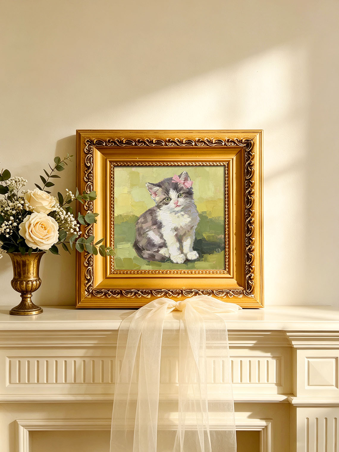 Adorable Fluffy Kitten with Pink Bow Pet Portrait custom oil painting from photo, gift for friend, Size 4"×4"