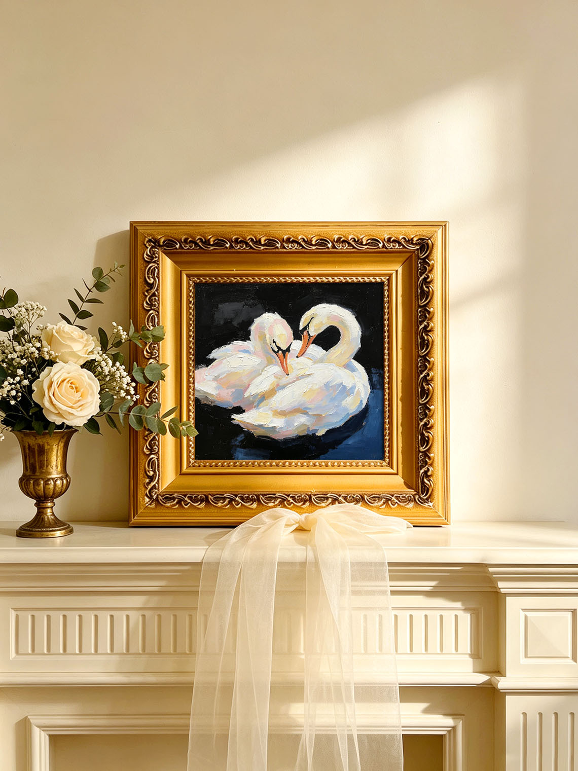 Romantic Pair White Swans Animal Portrait custom oil painting from photo, gift for friend, Size 4"×4"