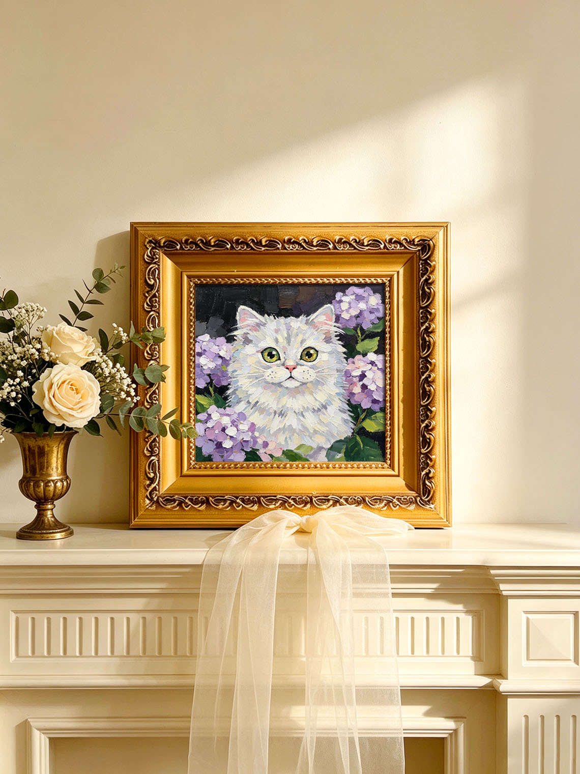 Fluffy White Cat with Hydrangea Portrait custom oil painting from photo, gift for friend, Size 4"×4"