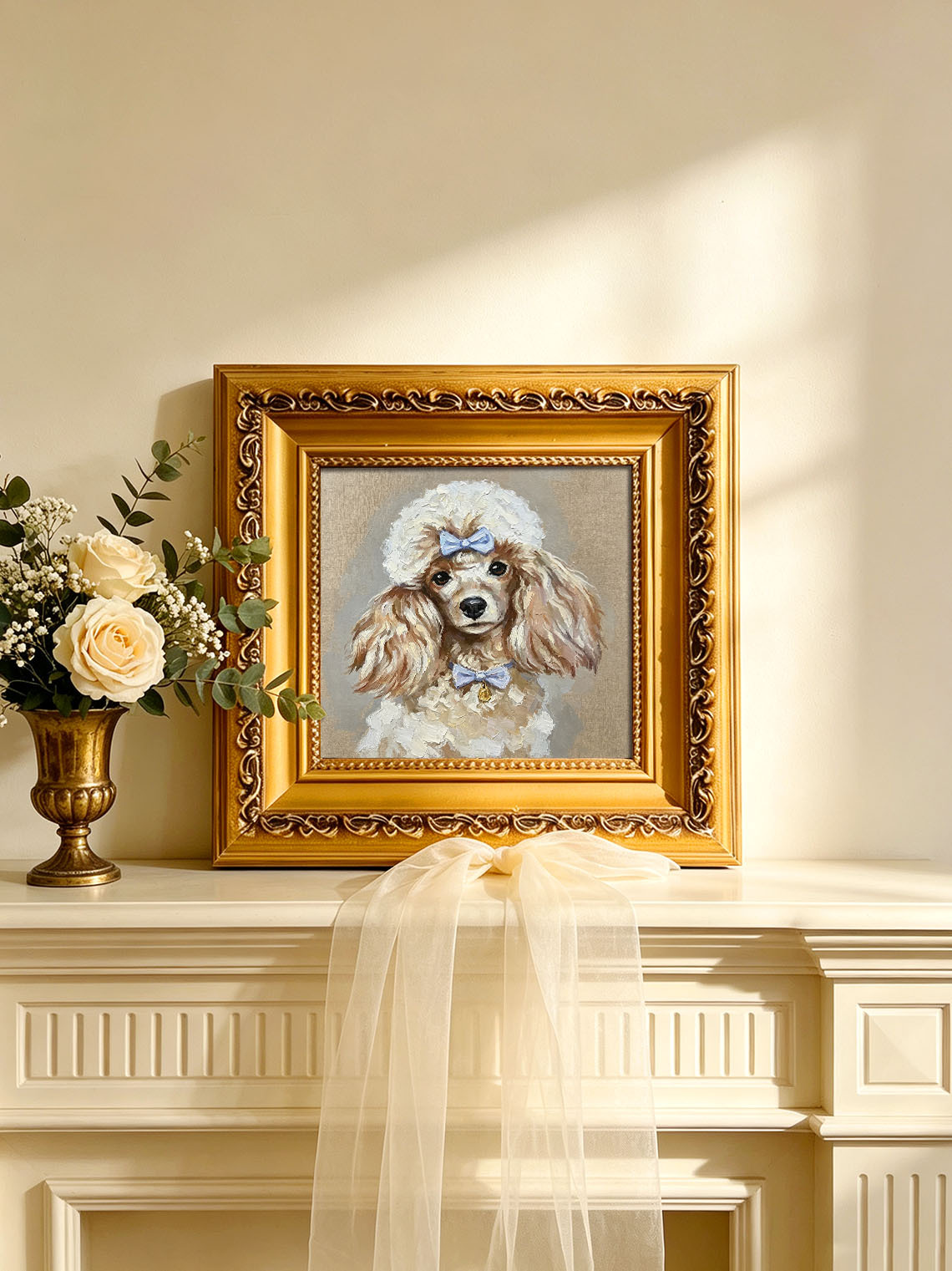 Cute Poodle Dog with Blue Bows Portrait custom oil painting from photo, gift for friend, Size 4"×4"