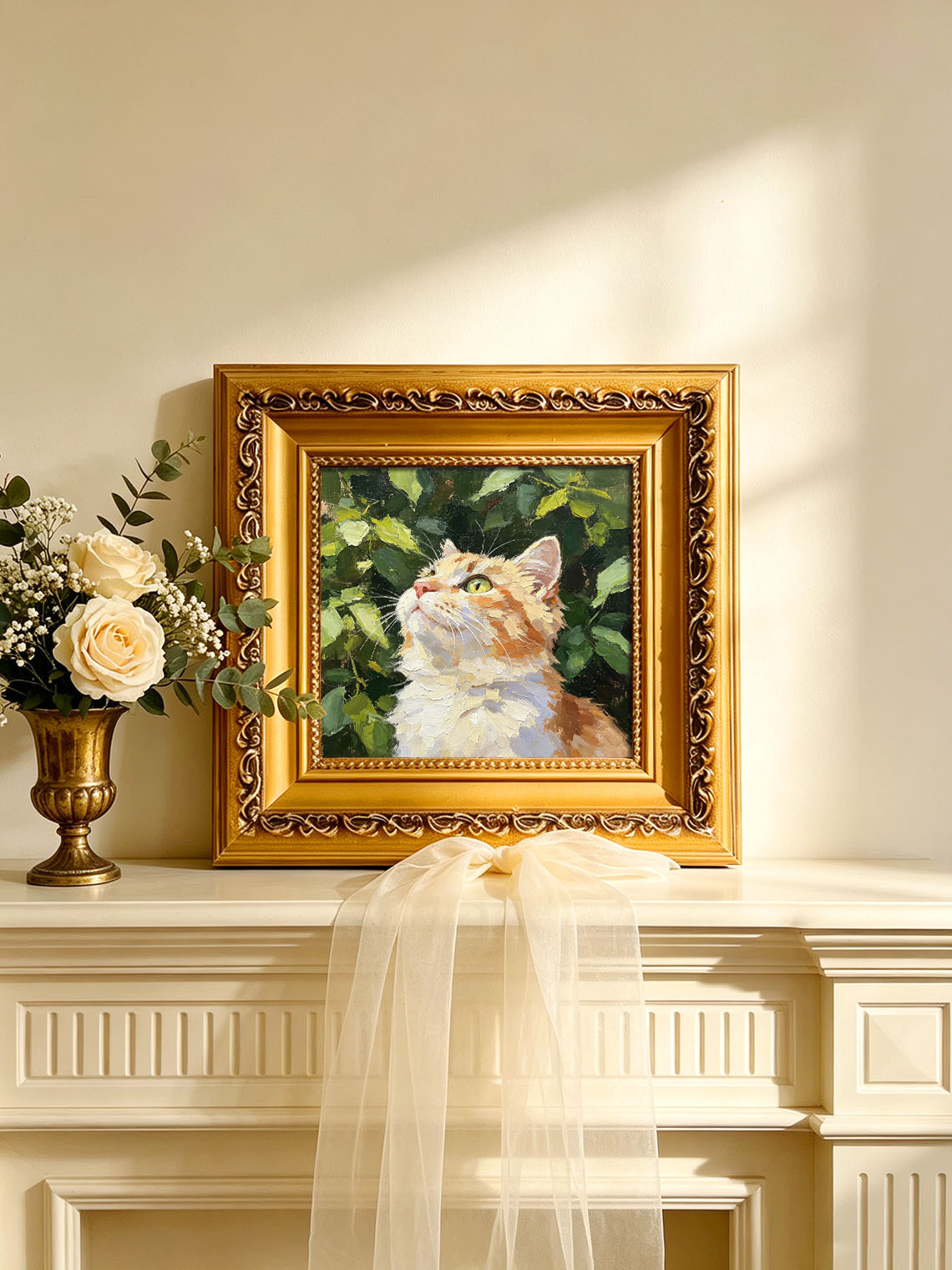 Curious Orange Tabby Cat in Green Foliage Portrait custom oil painting from photo, gift for friend, Size 4"×4"