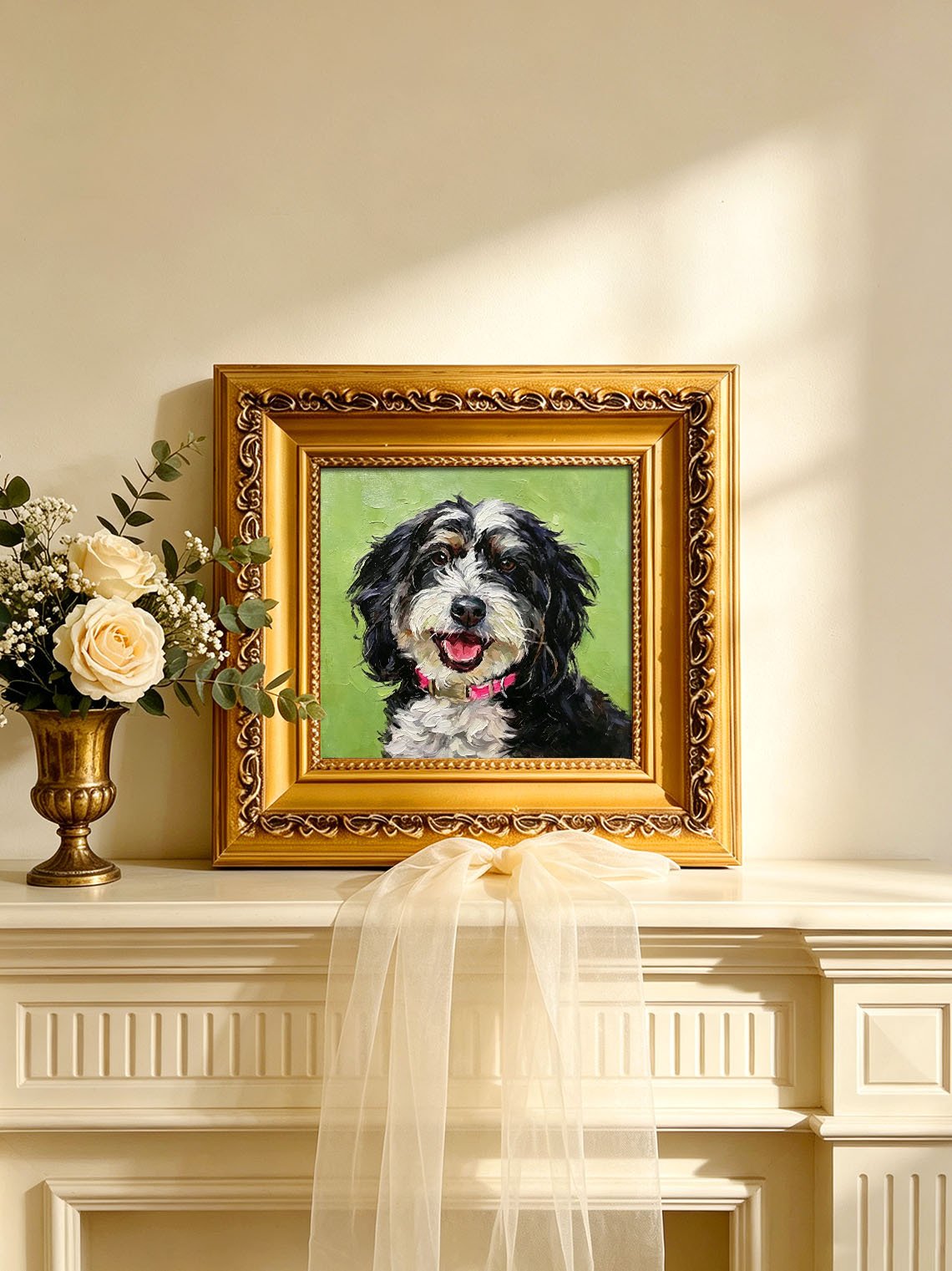 Happy Bernedoodle Dog Portrait custom oil painting from photo, gift for friend, Size 4"×4"