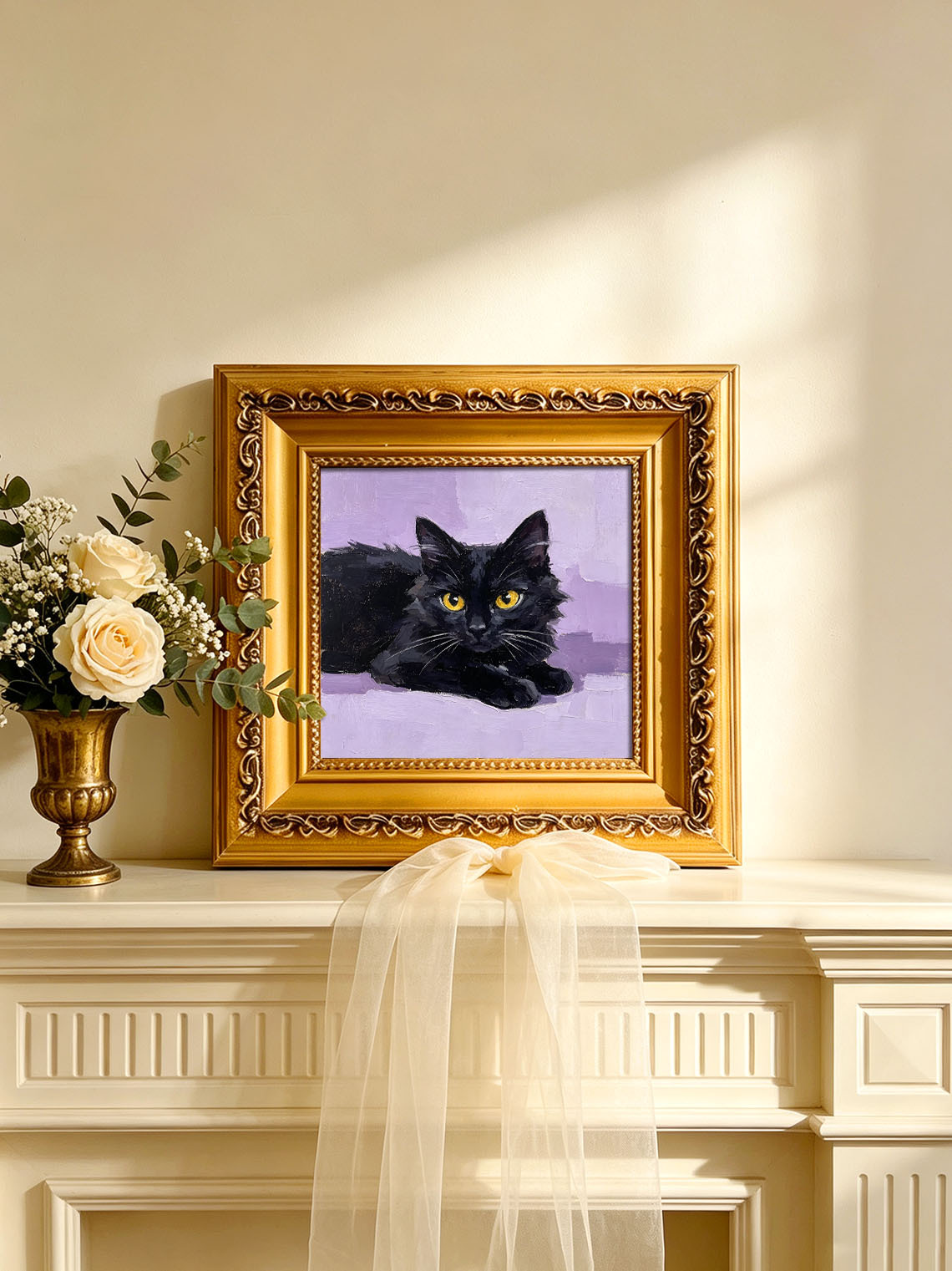 Lying Fluffy Black Cat with Golden Eyes Portrait custom oil painting from photo, gift for friend, Size 4"×4"