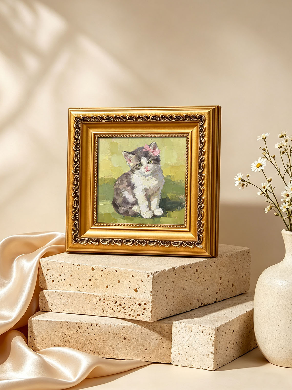 Adorable Fluffy Kitten with Pink Bow Pet Portrait custom oil painting from photo, gift for friend, Size 4"×4"