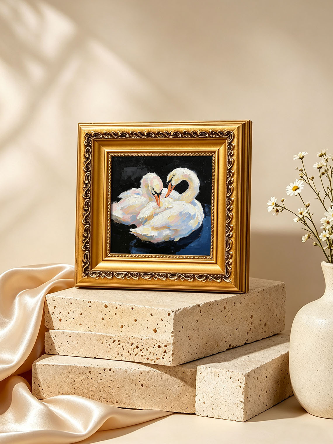 Romantic Pair White Swans Animal Portrait custom oil painting from photo, gift for friend, Size 4"×4"