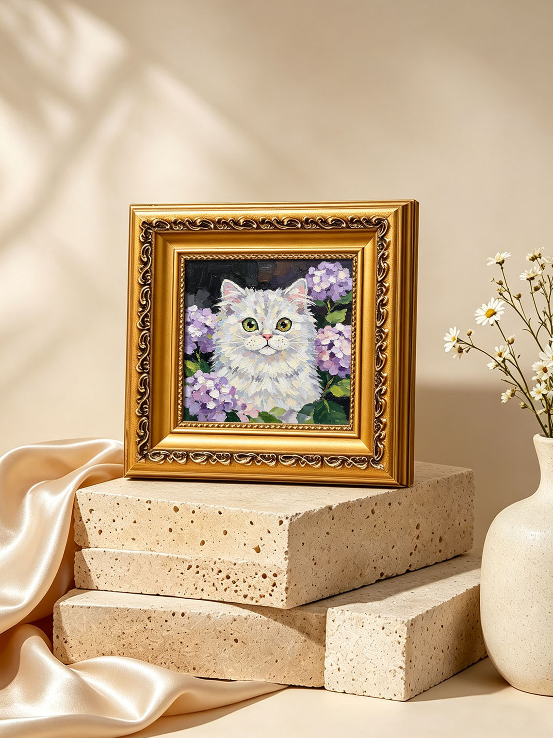 Fluffy White Cat with Hydrangea Portrait custom oil painting from photo, gift for friend, Size 4"×4"