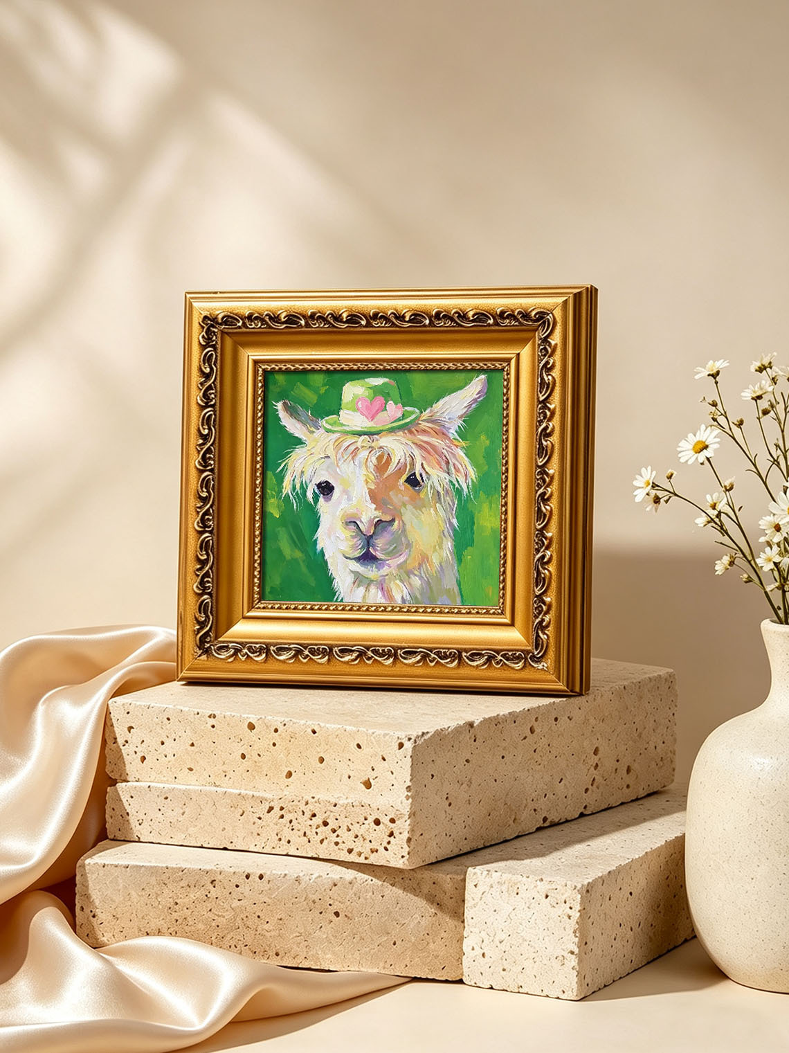 Cute Llama with Lovely Hat Animal Portrait custom oil painting from photo, gift for friend, Size 4"×4"