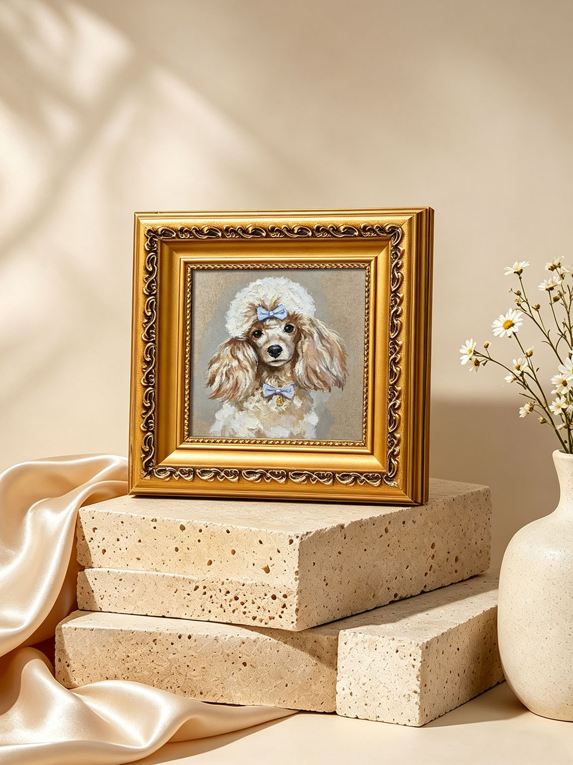 Cute Poodle Dog with Blue Bows Portrait custom oil painting from photo, gift for friend, Size 4"×4"