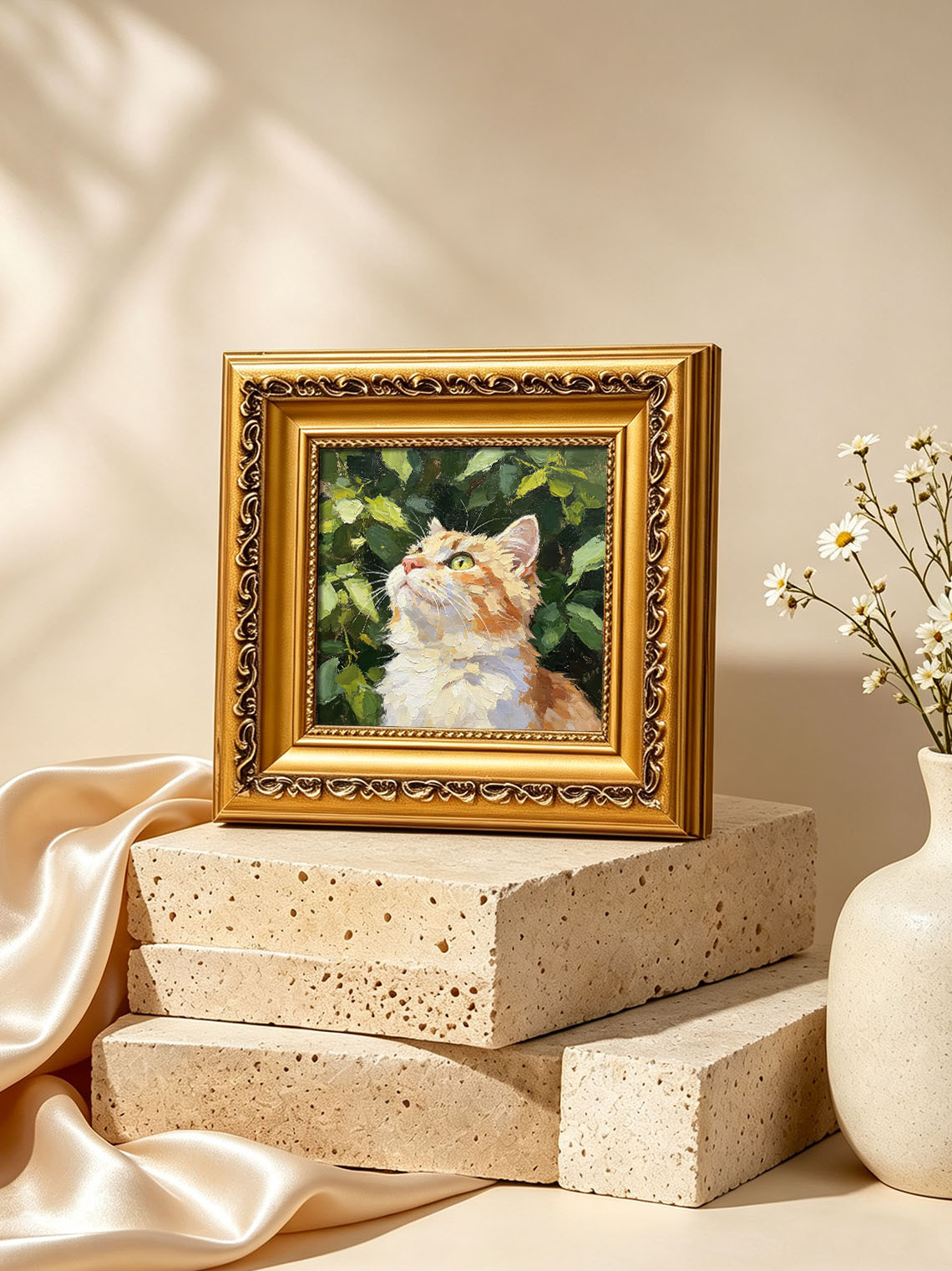 Curious Orange Tabby Cat in Green Foliage Portrait custom oil painting from photo, gift for friend, Size 4"×4"