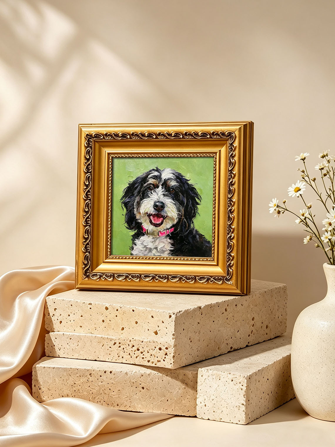 Happy Bernedoodle Dog Portrait custom oil painting from photo, gift for friend, Size 4"×4"