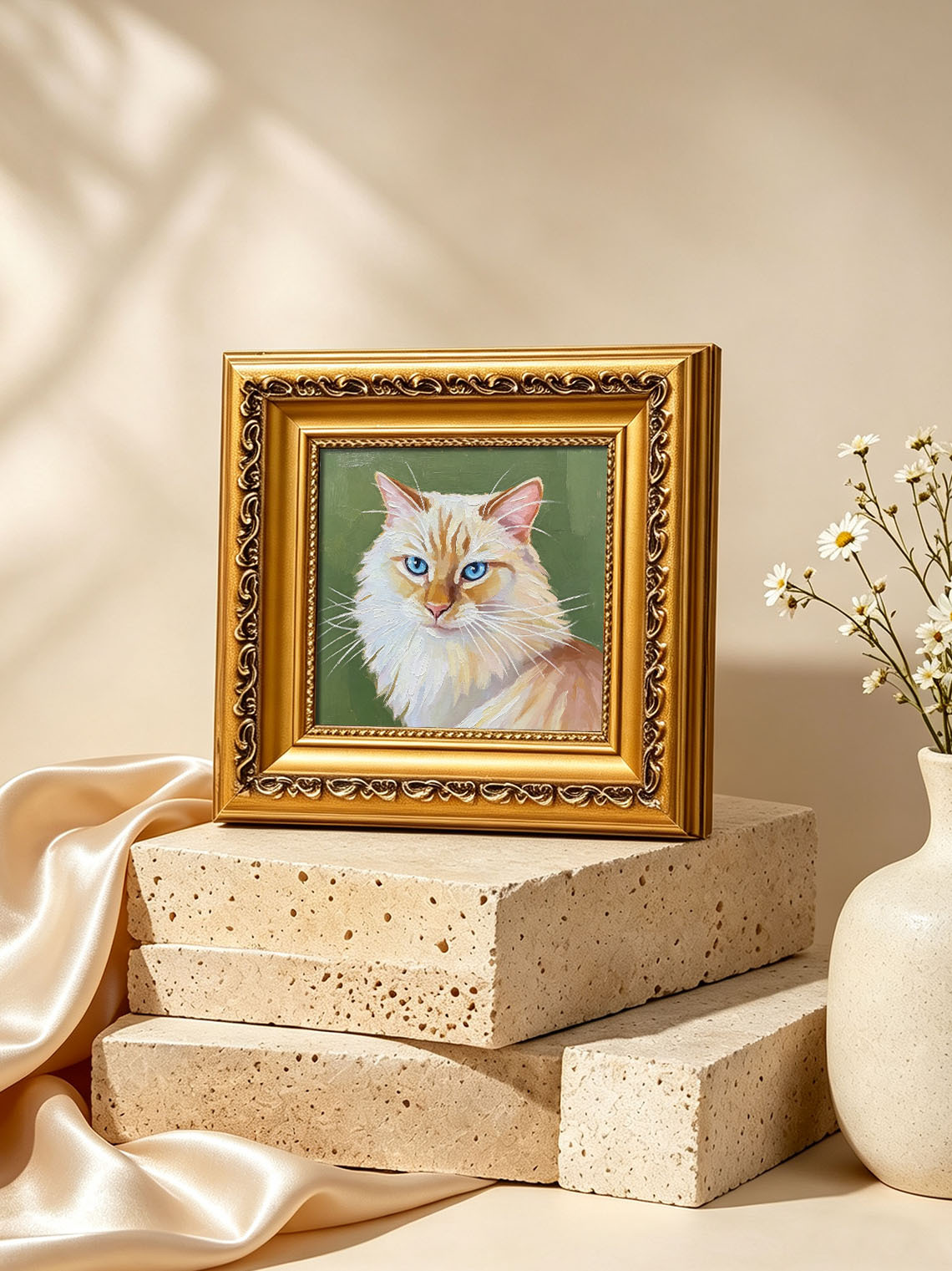 Long‑Haired Cat with Bright Blue Eyes Portrait custom oil painting from photo, gift for friend, Size 4"×4"