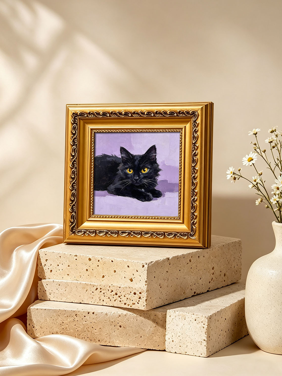 Lying Fluffy Black Cat with Golden Eyes Portrait custom oil painting from photo, gift for friend, Size 4"×4"