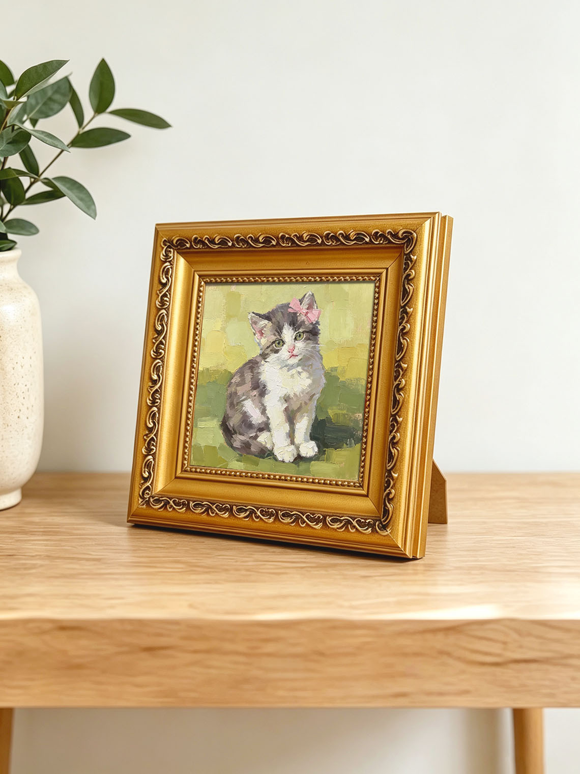 Adorable Fluffy Kitten with Pink Bow Pet Portrait custom oil painting from photo, gift for friend, Size 4"×4"