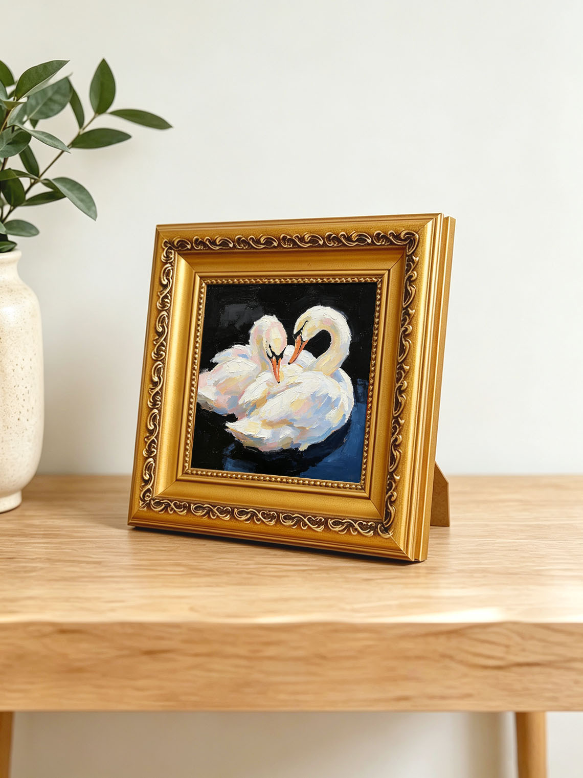Romantic Pair White Swans Animal Portrait custom oil painting from photo, gift for friend, Size 4"×4"