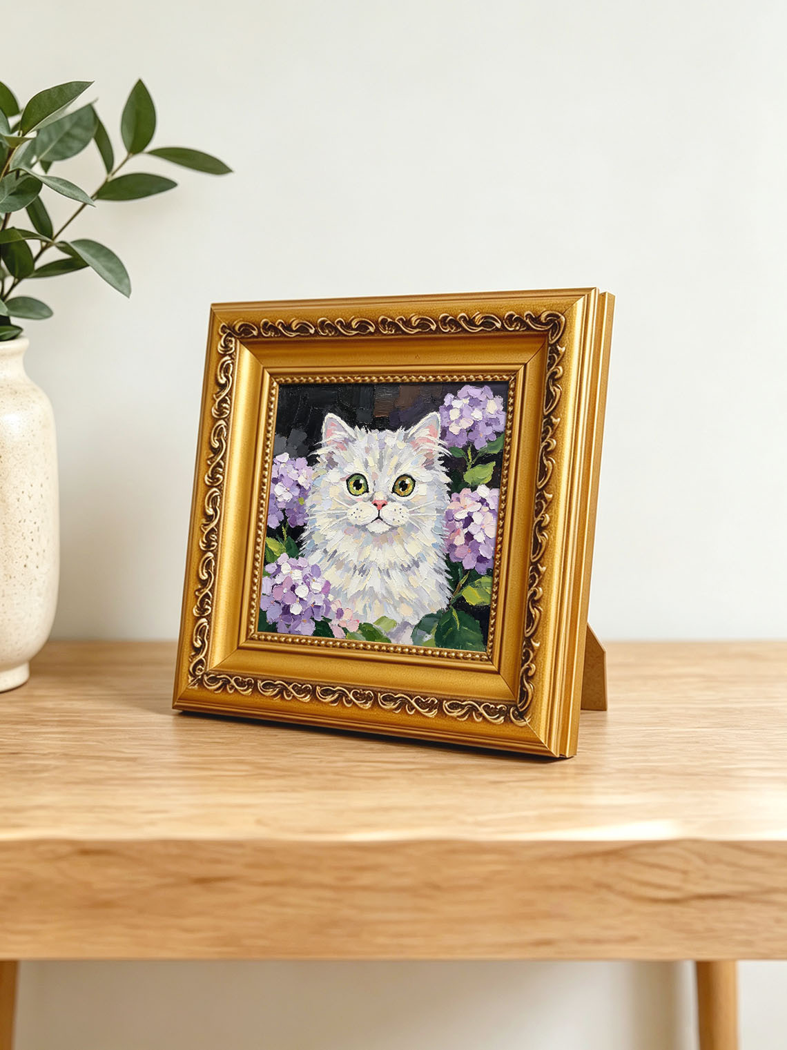 Fluffy White Cat with Hydrangea Portrait custom oil painting from photo, gift for friend, Size 4"×4"