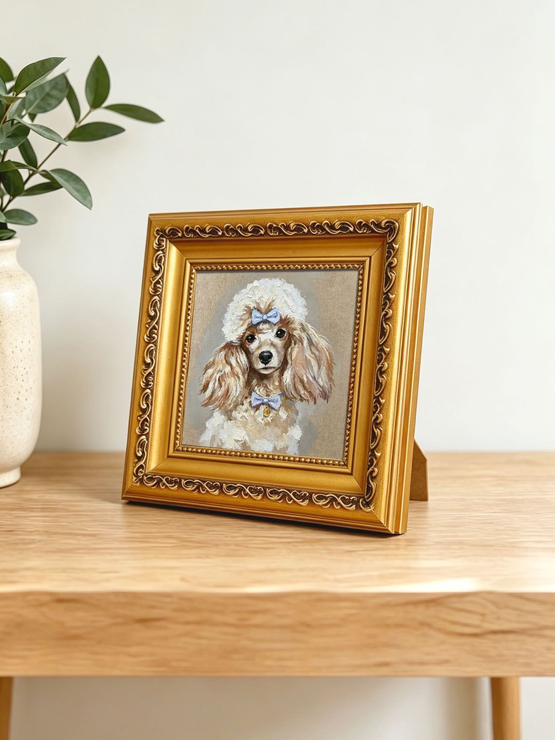Cute Poodle Dog with Blue Bows Portrait custom oil painting from photo, gift for friend, Size 4"×4"