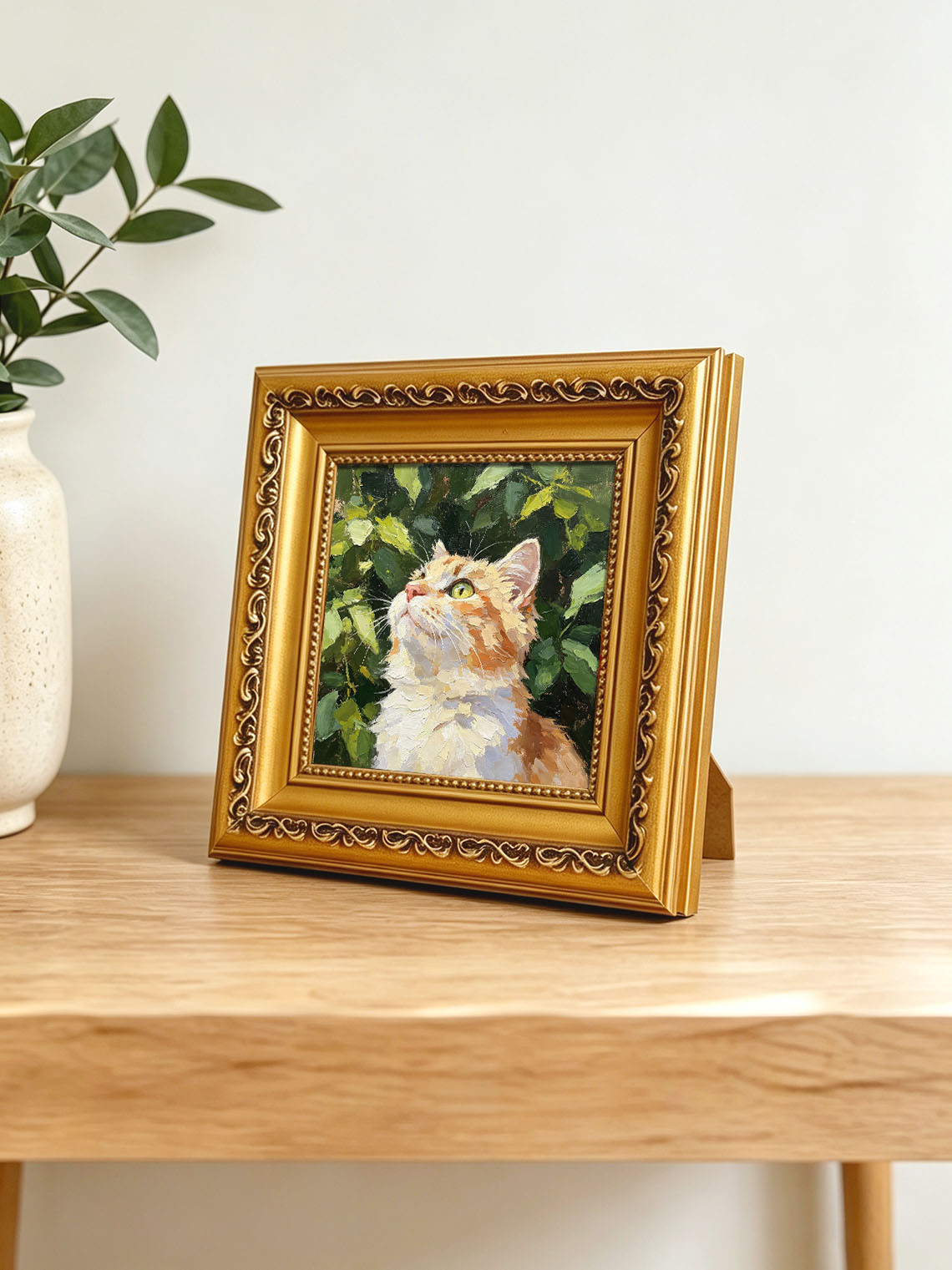 Curious Orange Tabby Cat in Green Foliage Portrait custom oil painting from photo, gift for friend, Size 4"×4"