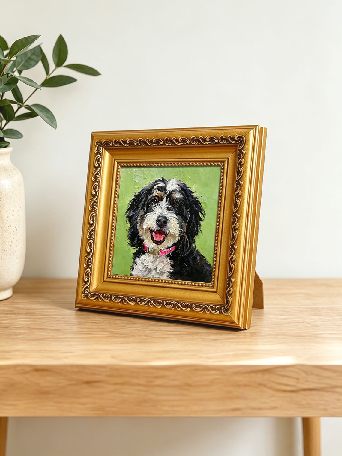 Happy Bernedoodle Dog Portrait custom oil painting from photo, gift for friend, Size 4"×4"