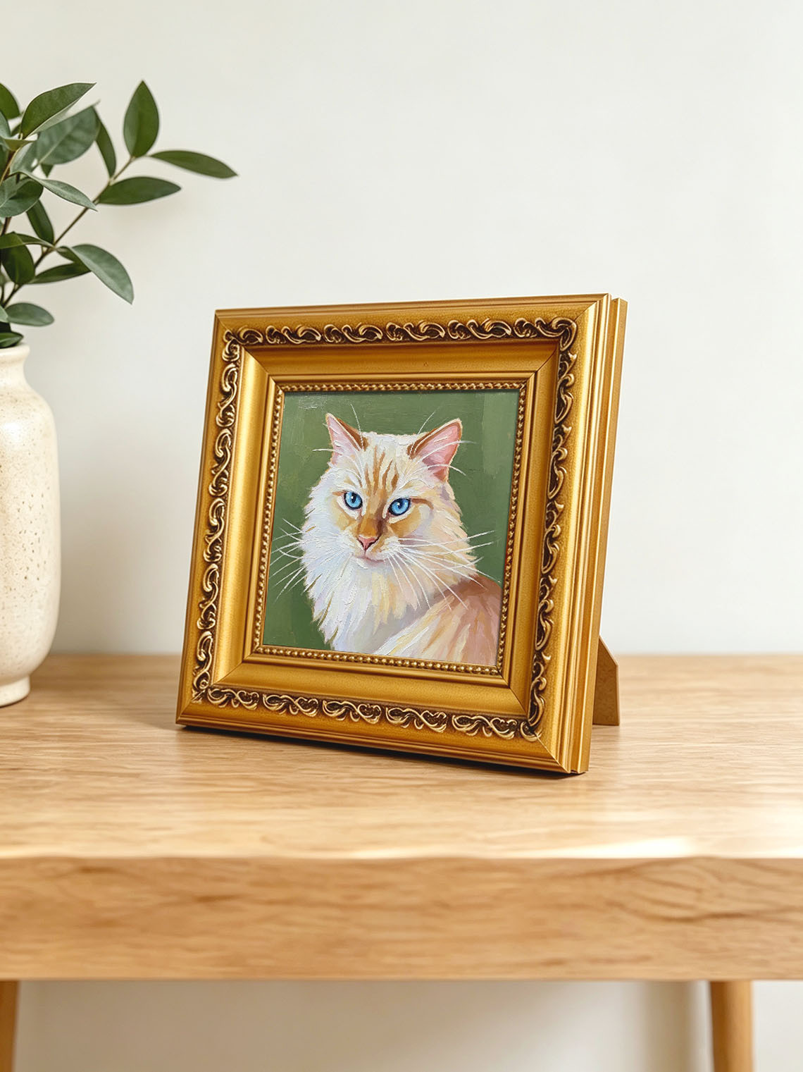 Long‑Haired Cat with Bright Blue Eyes Portrait custom oil painting from photo, gift for friend, Size 4"×4"