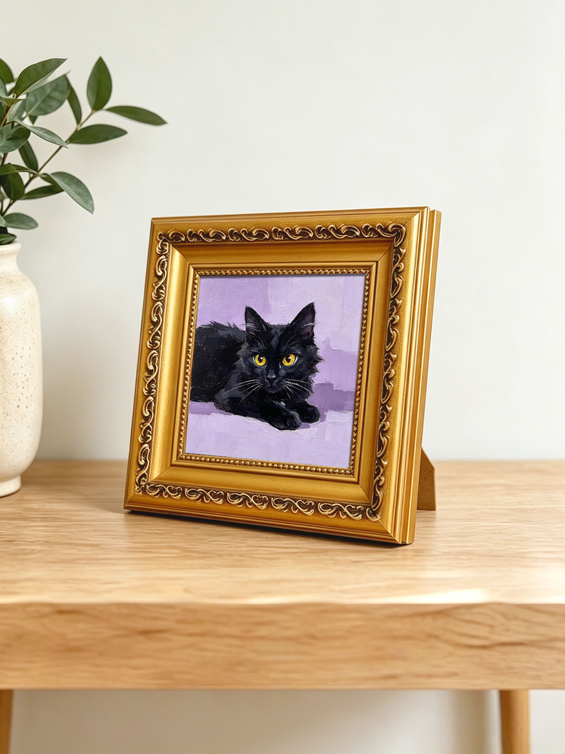 Lying Fluffy Black Cat with Golden Eyes Portrait custom oil painting from photo, gift for friend, Size 4"×4"