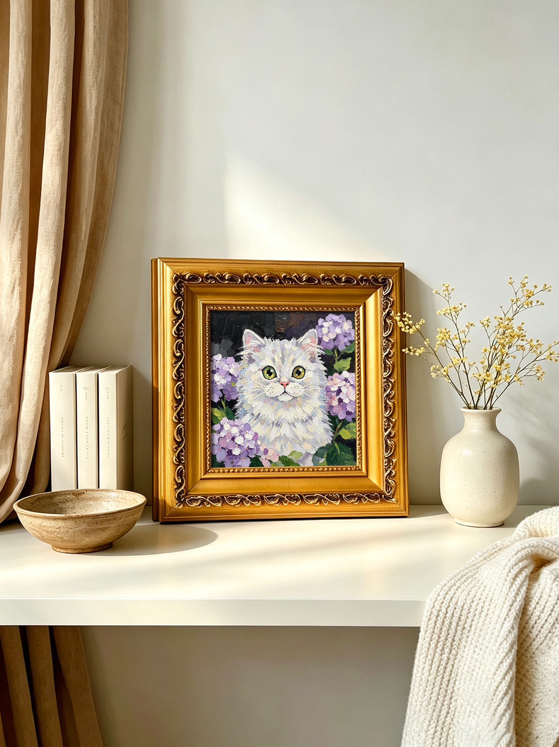 Fluffy White Cat with Hydrangea Portrait custom oil painting from photo, gift for friend, Size 4"×4"