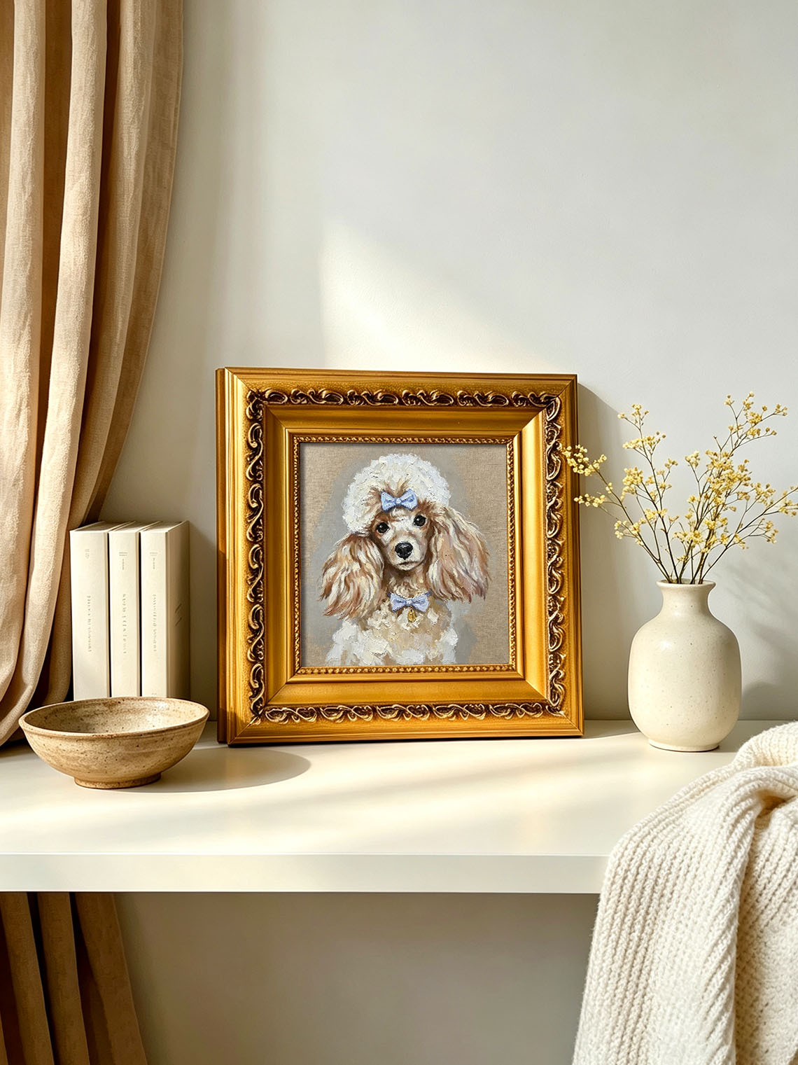 Cute Poodle Dog with Blue Bows Portrait custom oil painting from photo, gift for friend, Size 4"×4"