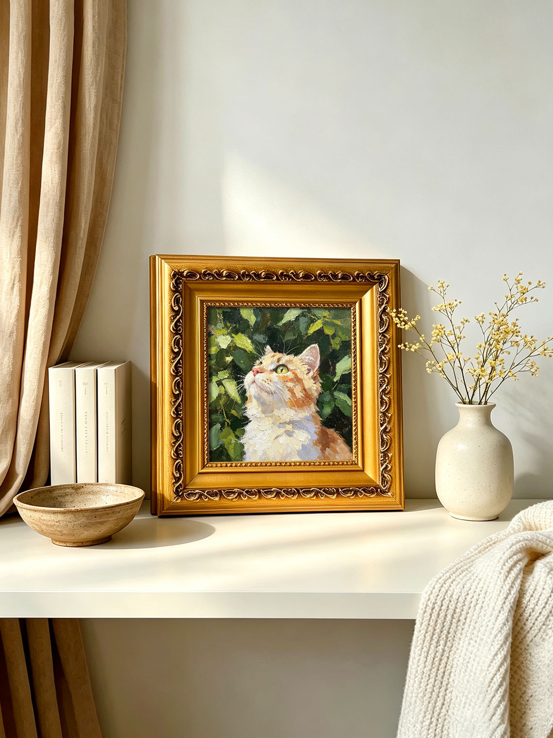 Curious Orange Tabby Cat in Green Foliage Portrait custom oil painting from photo, gift for friend, Size 4"×4"