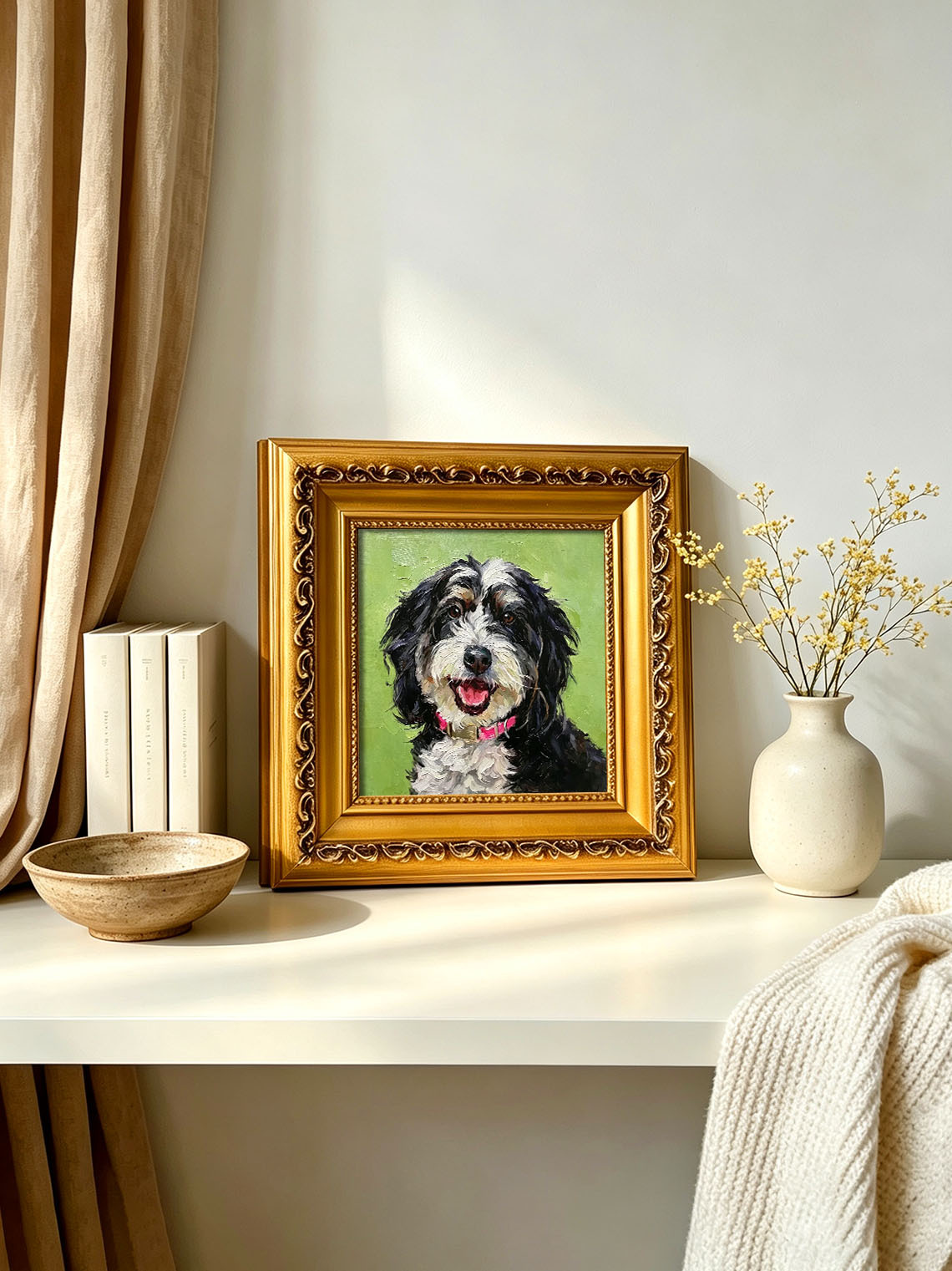 Happy Bernedoodle Dog Portrait custom oil painting from photo, gift for friend, Size 4"×4"